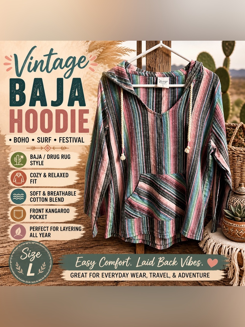 Vintage Baja Hoodie Striped Pullover Boho Hippie Surf Hoodie Drug Rug - Picture 1 of 9